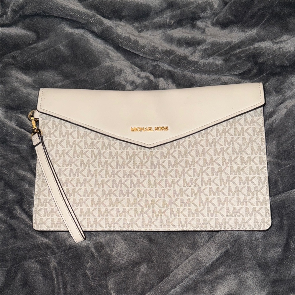 Michael Kors Monogram Clutch in White and Tan